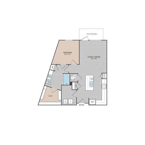A floor plan of a house with a bedroom, living/dining area, and a closet.